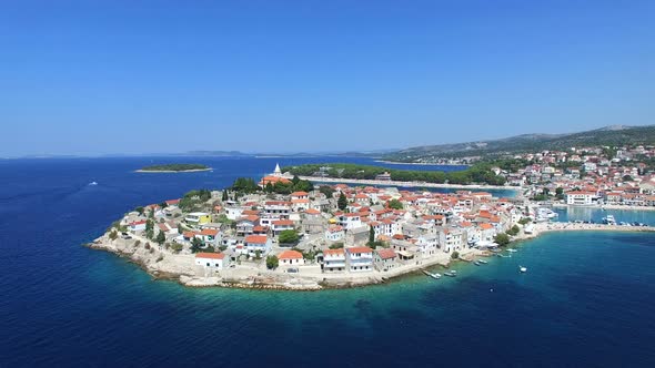 Aerial view of old dalmatian town of Primosten, Croatia