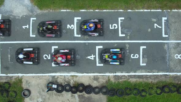 Aerial view of a group starting to drive kart on a speedway, Cambodia.