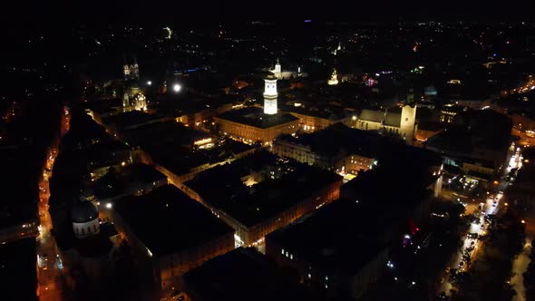 Aerial Shot The City Of Lviv At Night. Ukraine