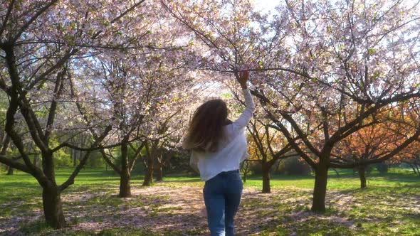 Young woman with long hair enjoys spring garden in bloom. Girl walking in Japanese Garden