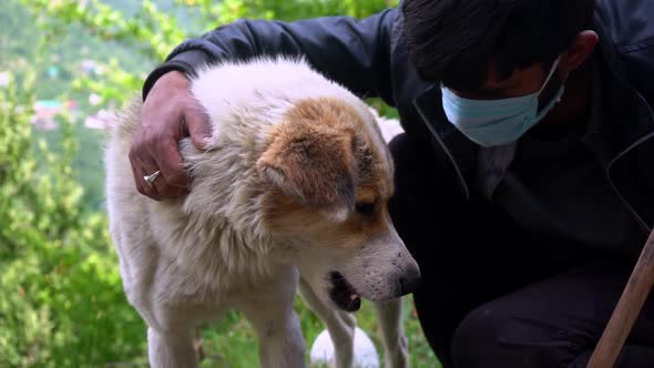 An Indian Man Wearing Mask Petting An Adorable Domestic Dog - Close Up Slowmo