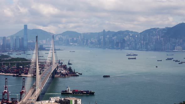 Hong Kong Urban Cityscape Aerial Skyline Panorama Timelapse at Day Pan Up