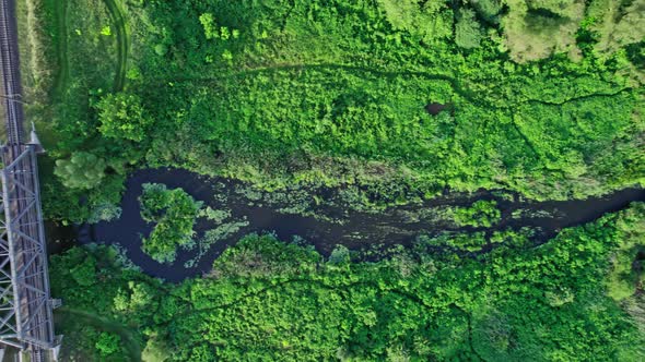 Aerial View of Railway Bridge Across the River in the Early Morning