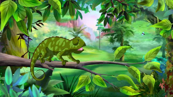 Animated Chameleon in the jungle changes its color