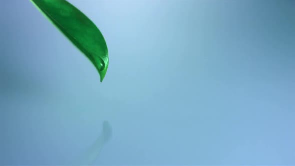 Slow-motion droplet falling off leaf shooting with high speed camera, phantom gold.