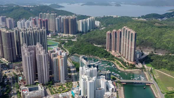 Drone fly over Hong Kong city