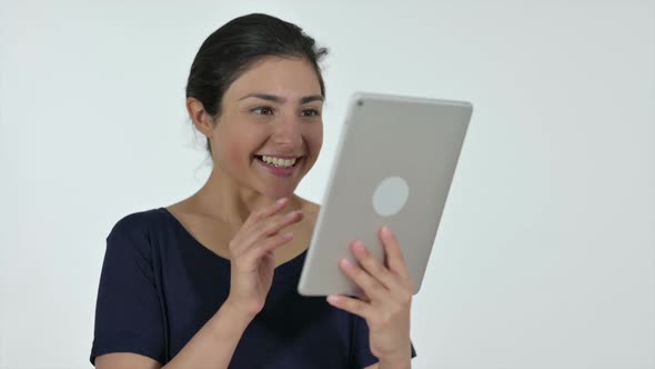 Indian Woman Celebrating on Tablet White Background