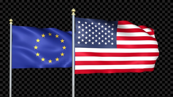 European Union And United States Two Countries Flags Waving