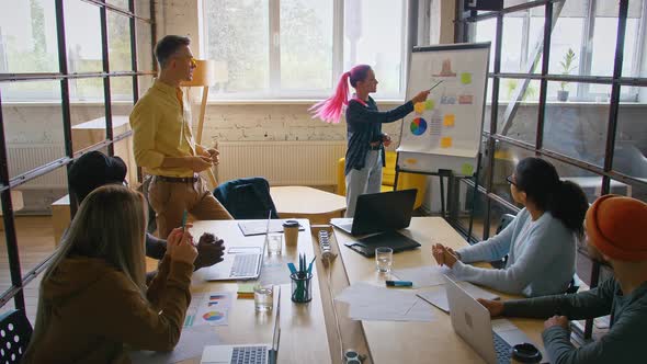 Millennial Team Analyzing Information on Graphs and Charts on Whiteboard in Office Woman Making