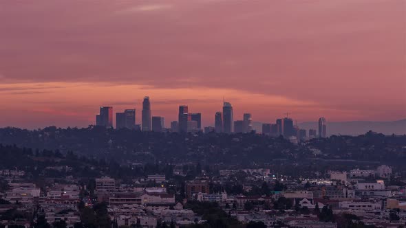 Downtown Los Angeles Skyline Pink Sunset Day to Night