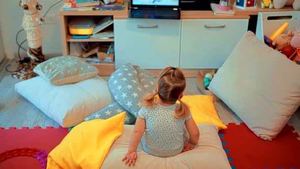 Little Girl Watching Cartoon. Kids Leisure And Entertainment. Children Watching Fairy Tale Story.