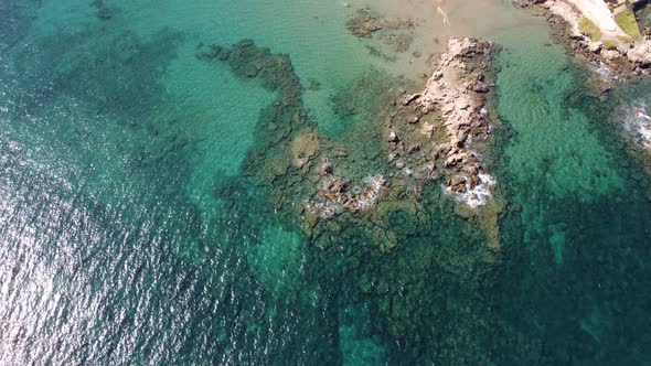 Aerial Video View From Drone on Underwater Reefs and Coastal Rocks in Mediterranean Sea Near Beaches