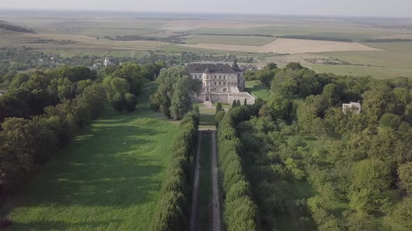 Aerial To Old Romantic Palace Castle Pidhirci in Ukraine