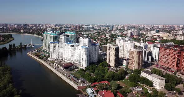 Russioa Krasnodar Cityscape and Kuban River From Aerial View
