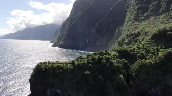 Aerial view of Veu da Noiva waterfall in Madeira, Portugal