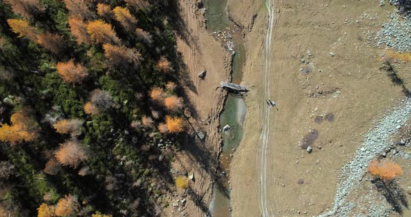 Overhead Aerial Top View Over Forest Woods Creek and Two Hikers Walking in Sunny Autumn