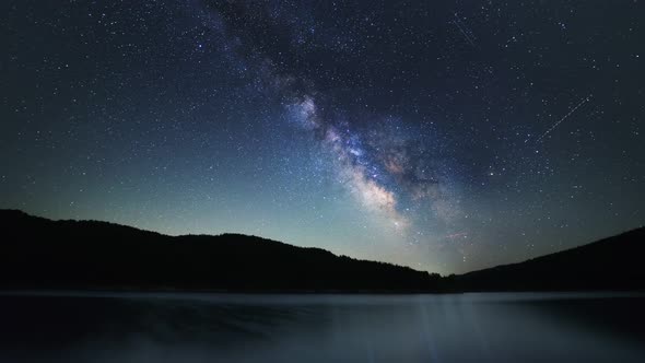 Stars, Planet Mars and the Milky Way over a Mountain Lake Night Time Lapse 4k