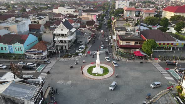 Aerial view of Tugu Yogyakarta Landmark with busy traffic.