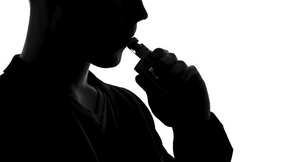 Vaper Silhouette Exhaling Smoke of E-Cigarette, Bad Habits and Addiction, Device