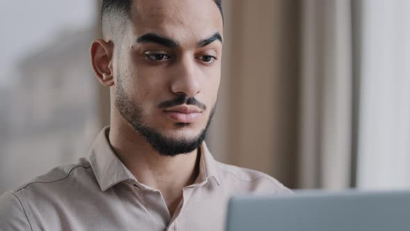 Closeup Male Portrait Calm Arabic Businessman Guy Hispanic Man Freelancer Web Designer Typing