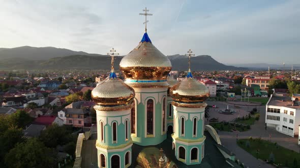 Christian Church at Sunset Aerial View Temple in the Transcarpathia Ukraine