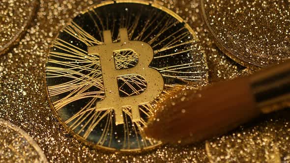 Macro Fur Brush Cleans Spangles on Coin Model of Bitcoin System