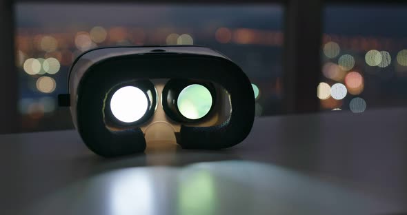 Virtual reality device play video inside at night