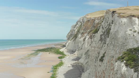 Sea Gull Flying By White Cliff, Cap Blanc-Nez, France Aerial View Forward with Blue Sky