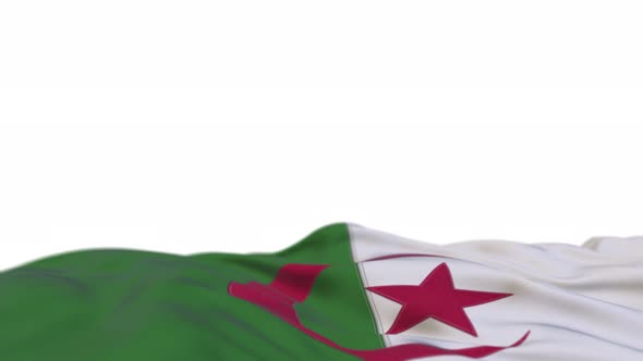 Algeria fabric flag waving on the wind loop. Half-filled white background. Place for text.