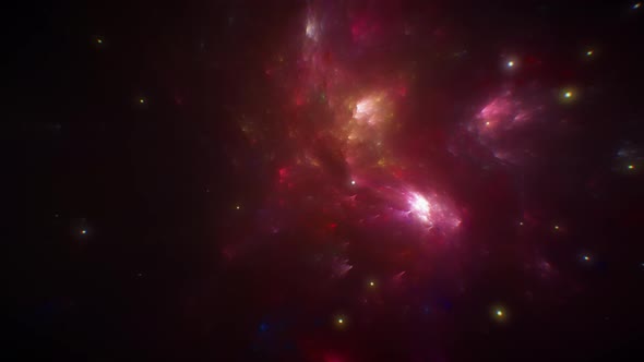 Space Flying Inside Red Nebula and Stars