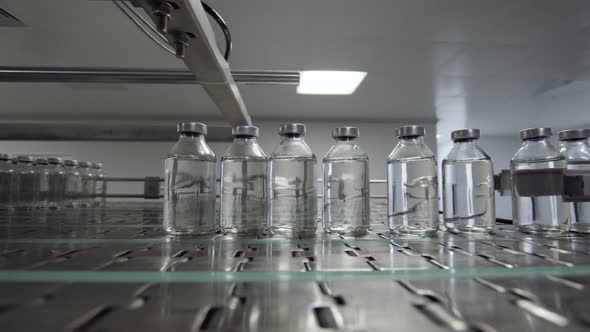 Glass Bottles Filled and Sealed with Rubber and Aluminum Caps on Medical Solution Conveyor Line