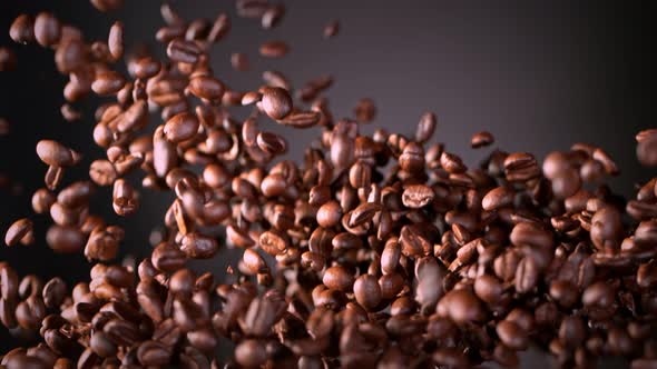 Super Slow Motion Shot of Exploding Premium Coffee Beans on Grey Gradient Background at 1000Fps