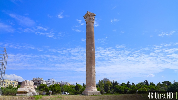 4K Single Standing Greek Column from the Temple of Olympian Zeus Ruins in Athens, Greece