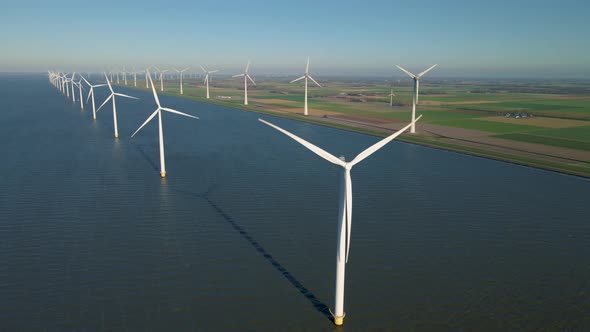 Windmill Park in the Ocean Drone Aerial View of Windmill Turbines Generating Green Energy Electric