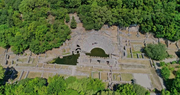 Shot Drone Cenital Butrint Roman Amphitheater and Ruins in Albania