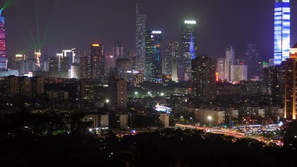 Shenzhen Central Business District Aerial Panorama China Timelapse at Night Pan Up