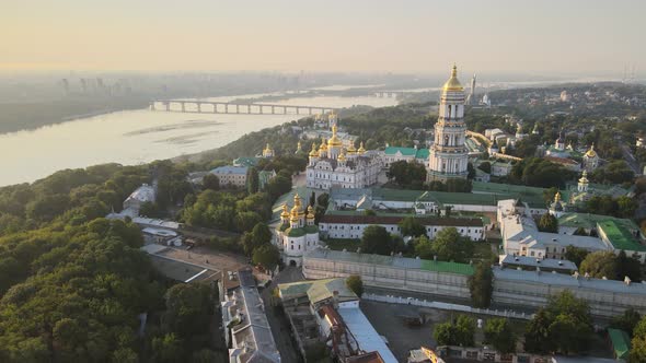 Kyiv-Pechersk Lavra in the Morning at Sunrise, Ukraine, Aerial View
