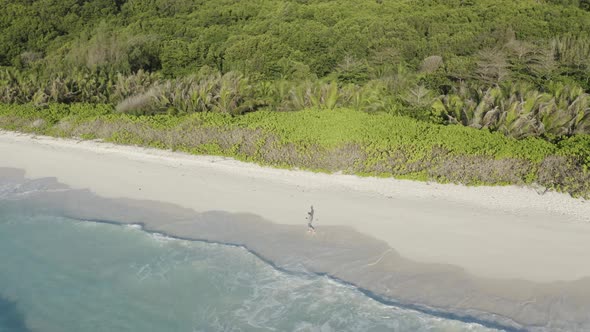 Aerial view of a person walking on the beach of Anse Lazio, Seychelles.