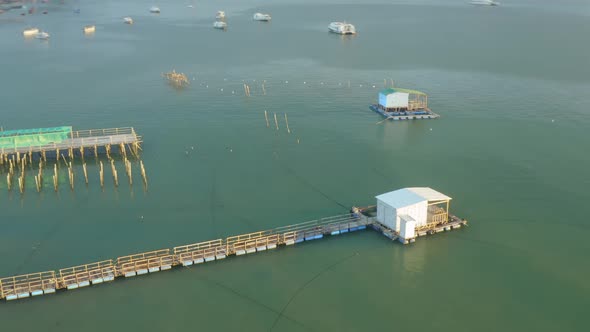 Drone view of fish farm on the sea in Khanh Hoa province, central Vietnam