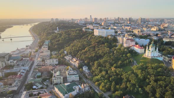 Historical District of Kyiv - Podil in the Morning at Dawn. Ukraine. Aerial View