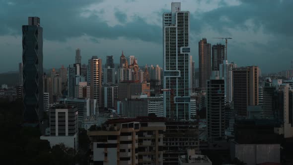 Beautiful Big City Skyline Sunrise Or Sunset With Orange Sky Aerial Footage Panama City.