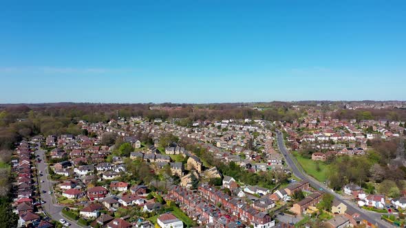 Aerial footage of the British town of Meanwood in Leeds West Yorkshire