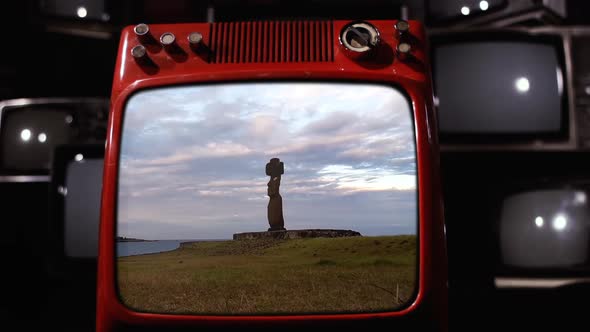 Chile, Easter Island, Moai on a Retro TV.