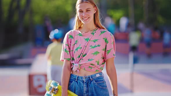 Urban Skate Park Beautiful Blonde Hair Lady in