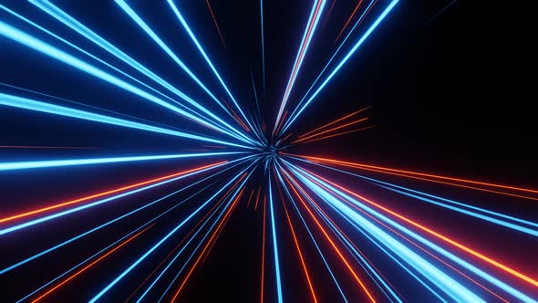 Warp speed. Neon glowing rays in motion into digital technologic tunnel