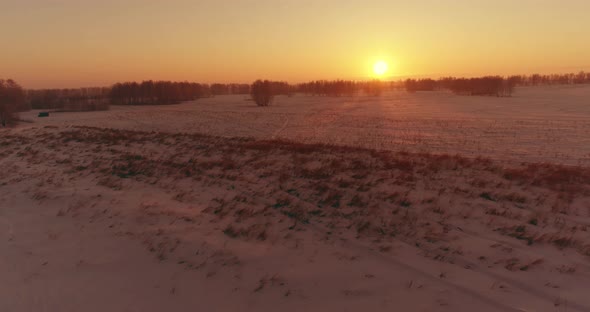 Aerial Drone View of Cold Winter Landscape with Arctic Field, Trees Covered with Frost Snow and