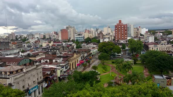 Beautiful landscape of the Juan de Vera plaza in the city of Corrientes on a cloudy day. Argentina.