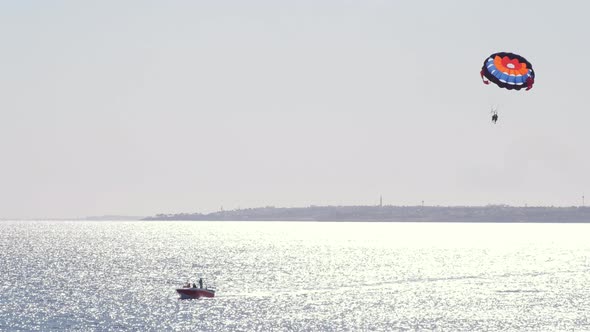 Timelapse Tourists on a Parachute Over the Sea. Parasailing in the Red Sea. Active Sports and