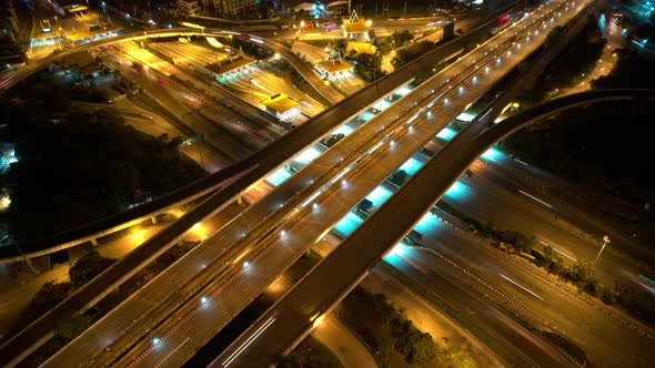 Stunning night Aerial view drone shot above interchange and motorway