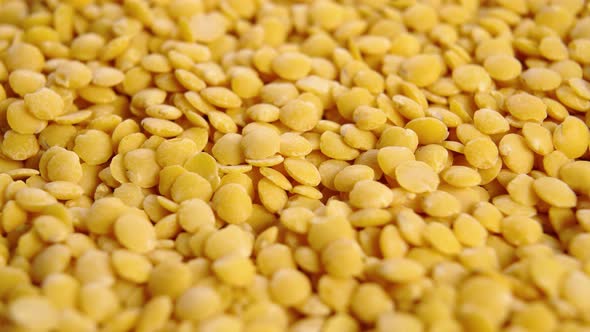 Dry yellow lentils close up. Raw split legumes. Macro